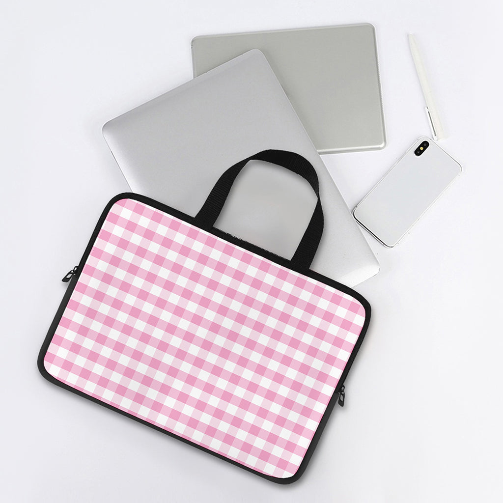 Pink And White Gingham Pattern Print Laptop Sleeve With Handle