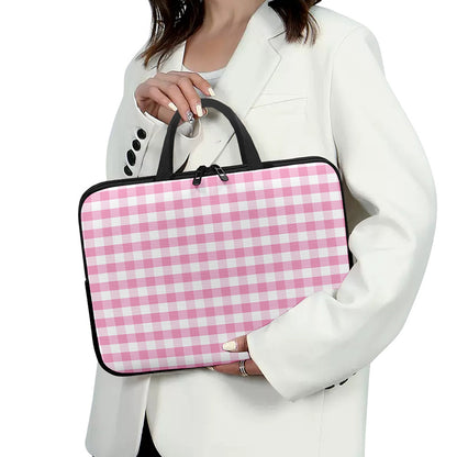 Pink And White Gingham Pattern Print Laptop Sleeve With Handle