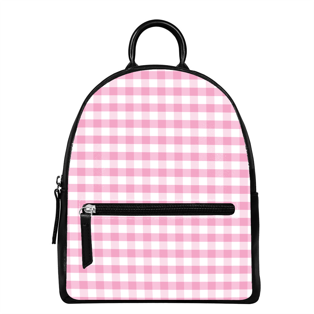 Pink And White Gingham Pattern Print Leather Backpack