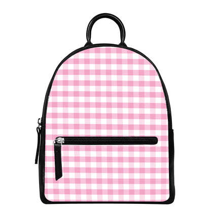 Pink And White Gingham Pattern Print Leather Backpack