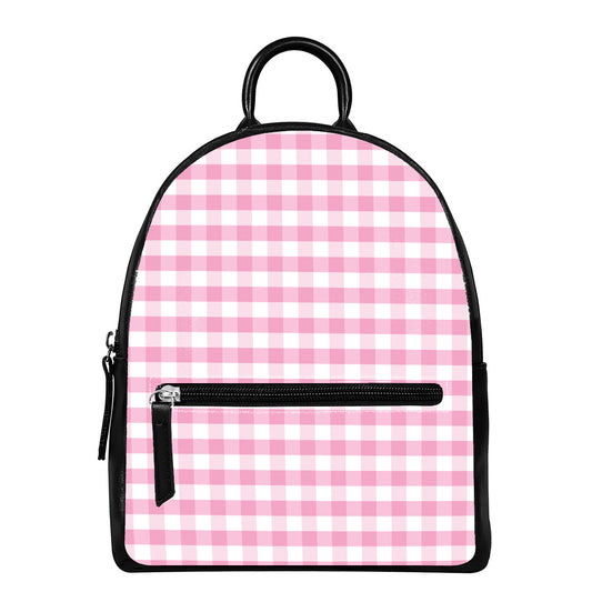 Pink And White Gingham Pattern Print Leather Backpack