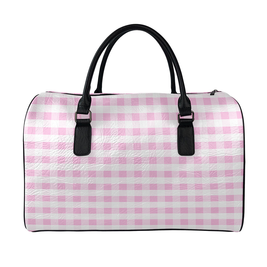 Pink And White Gingham Pattern Print Leather Duffle Bag
