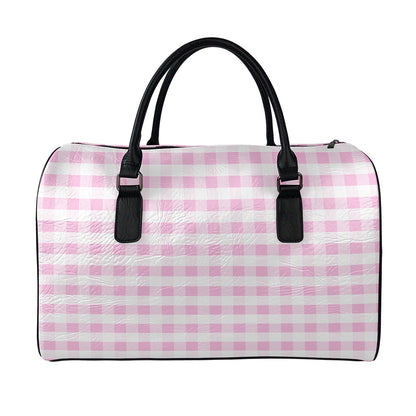 Pink And White Gingham Pattern Print Leather Duffle Bag