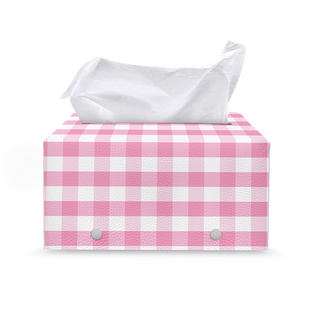 Pink And White Gingham Pattern Print Leather Tissue Box Cover