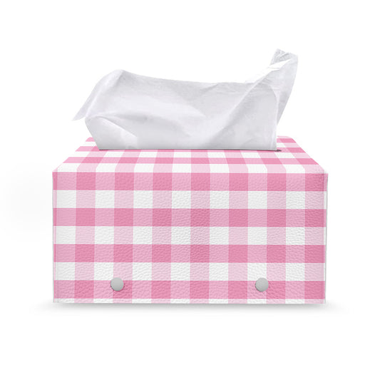 Pink And White Gingham Pattern Print Leather Tissue Box Cover