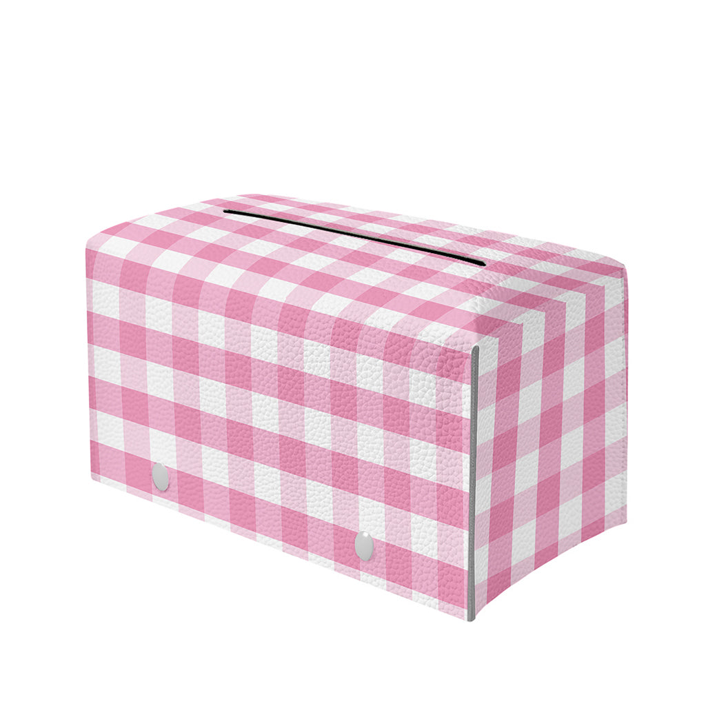 Pink And White Gingham Pattern Print Leather Tissue Box Cover