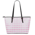 Pink And White Gingham Pattern Print Leather Tote Bag With Zipper