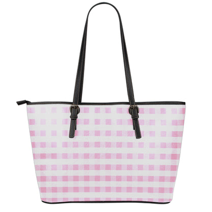 Pink And White Gingham Pattern Print Leather Tote Bag