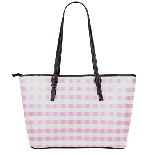 Pink And White Gingham Pattern Print Leather Tote Bag