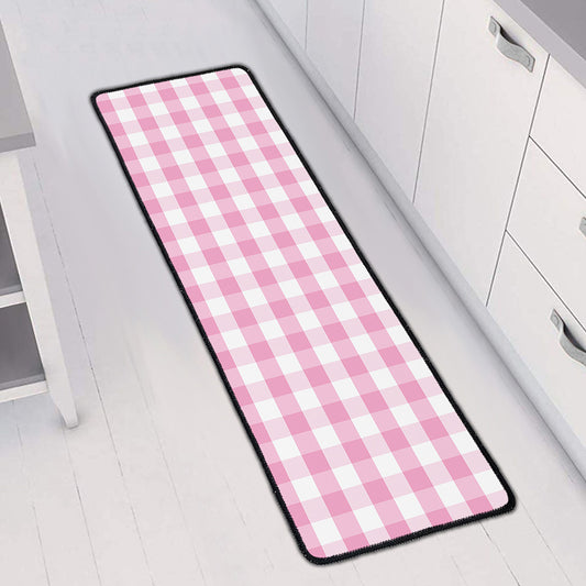 Pink And White Gingham Pattern Print Long Kitchen Mat