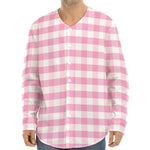 Pink And White Gingham Pattern Print Long Sleeve Baseball Jersey