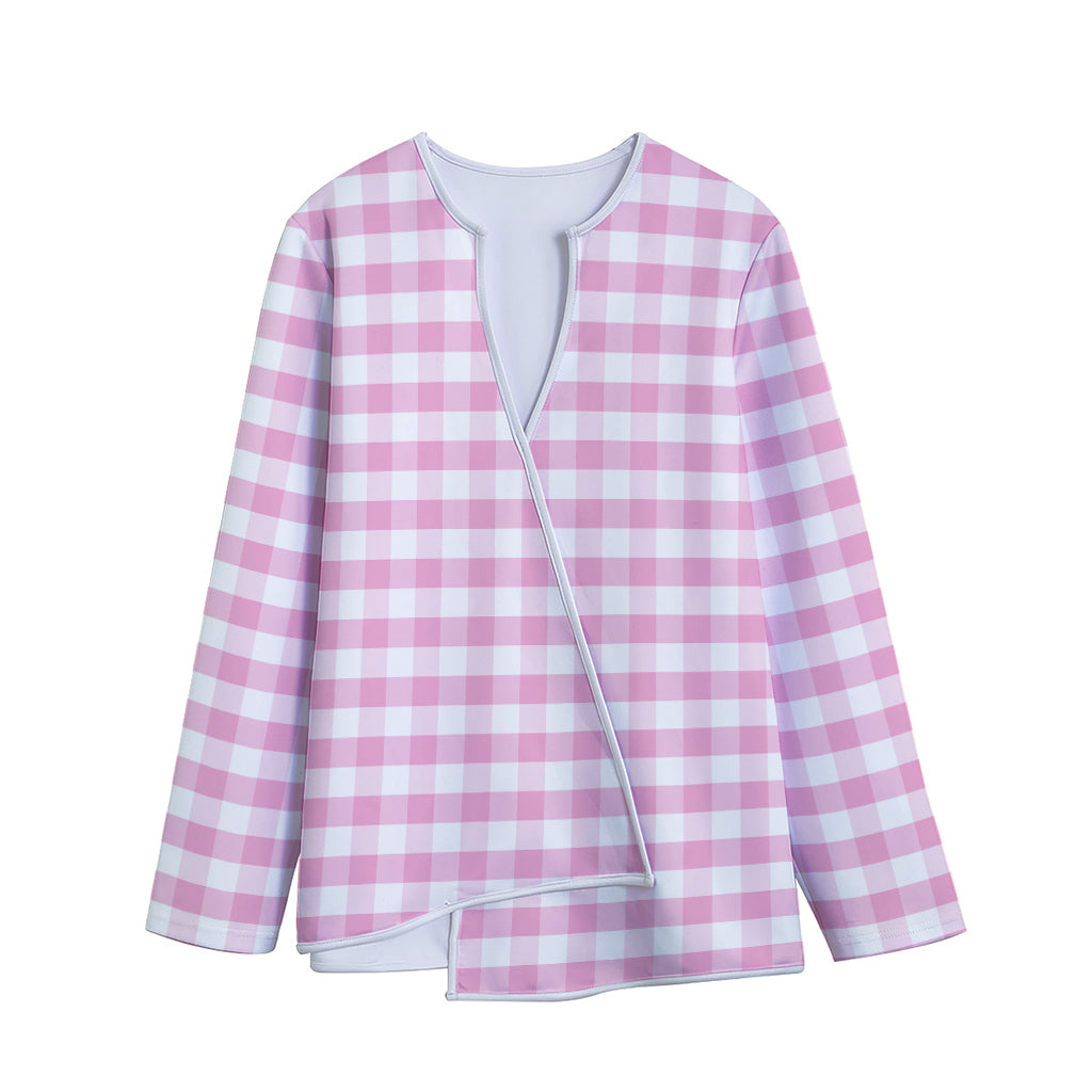 Pink And White Gingham Pattern Print Long Sleeve Short Coat