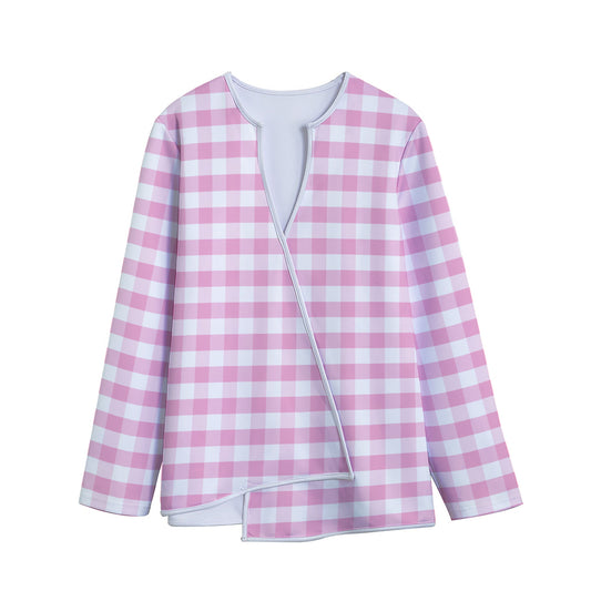 Pink And White Gingham Pattern Print Long Sleeve Short Coat