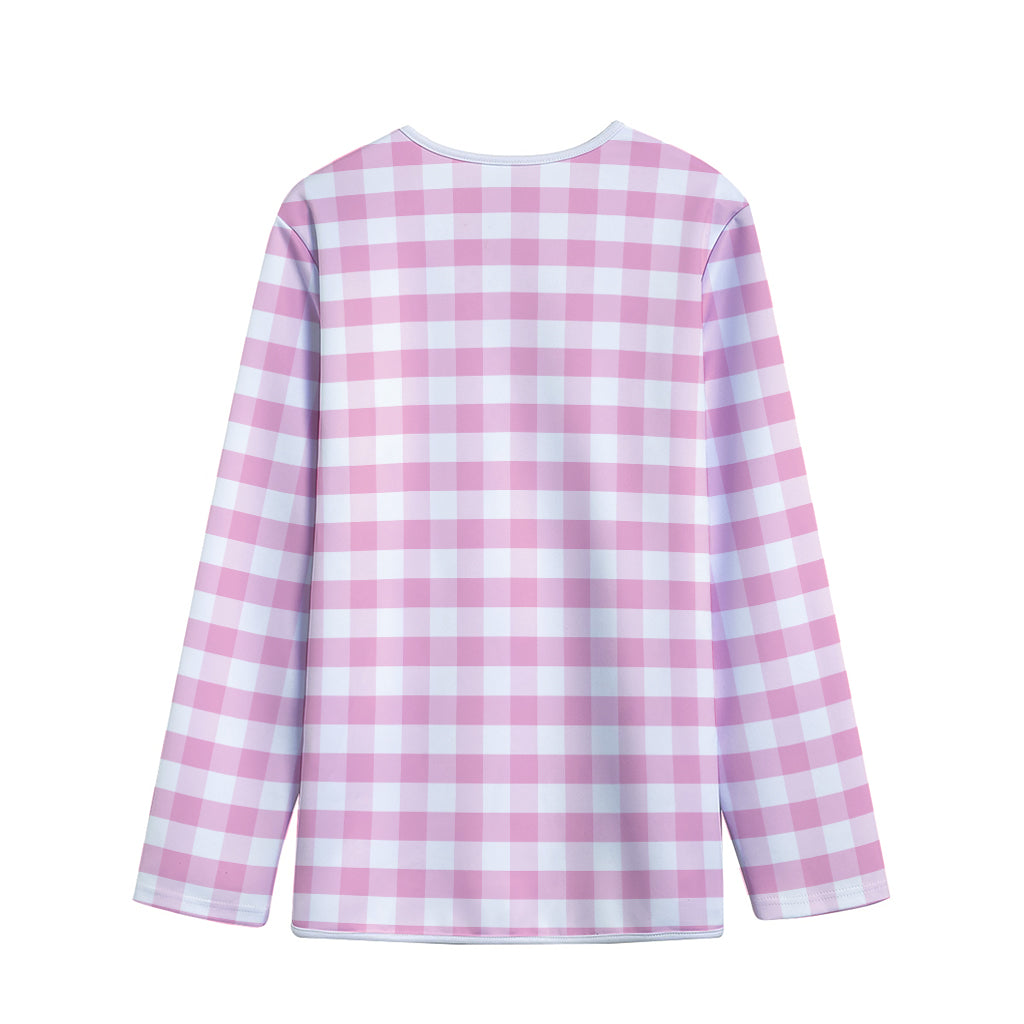 Pink And White Gingham Pattern Print Long Sleeve Short Coat