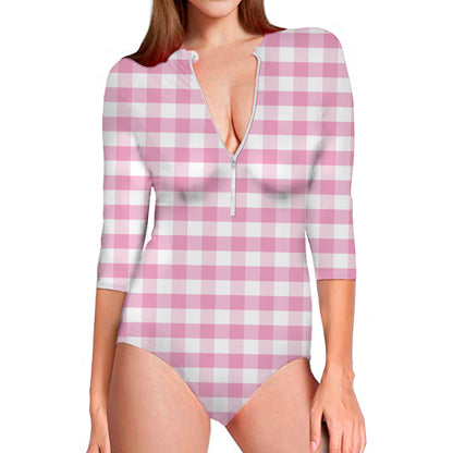 Pink And White Gingham Pattern Print Long Sleeve Swimsuit