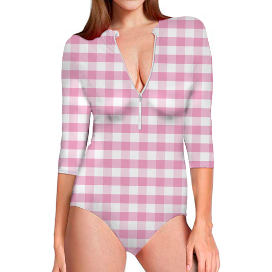 Pink And White Gingham Pattern Print Long Sleeve Swimsuit