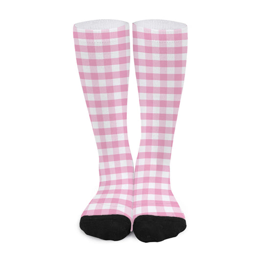 Pink And White Gingham Pattern Print Long Socks