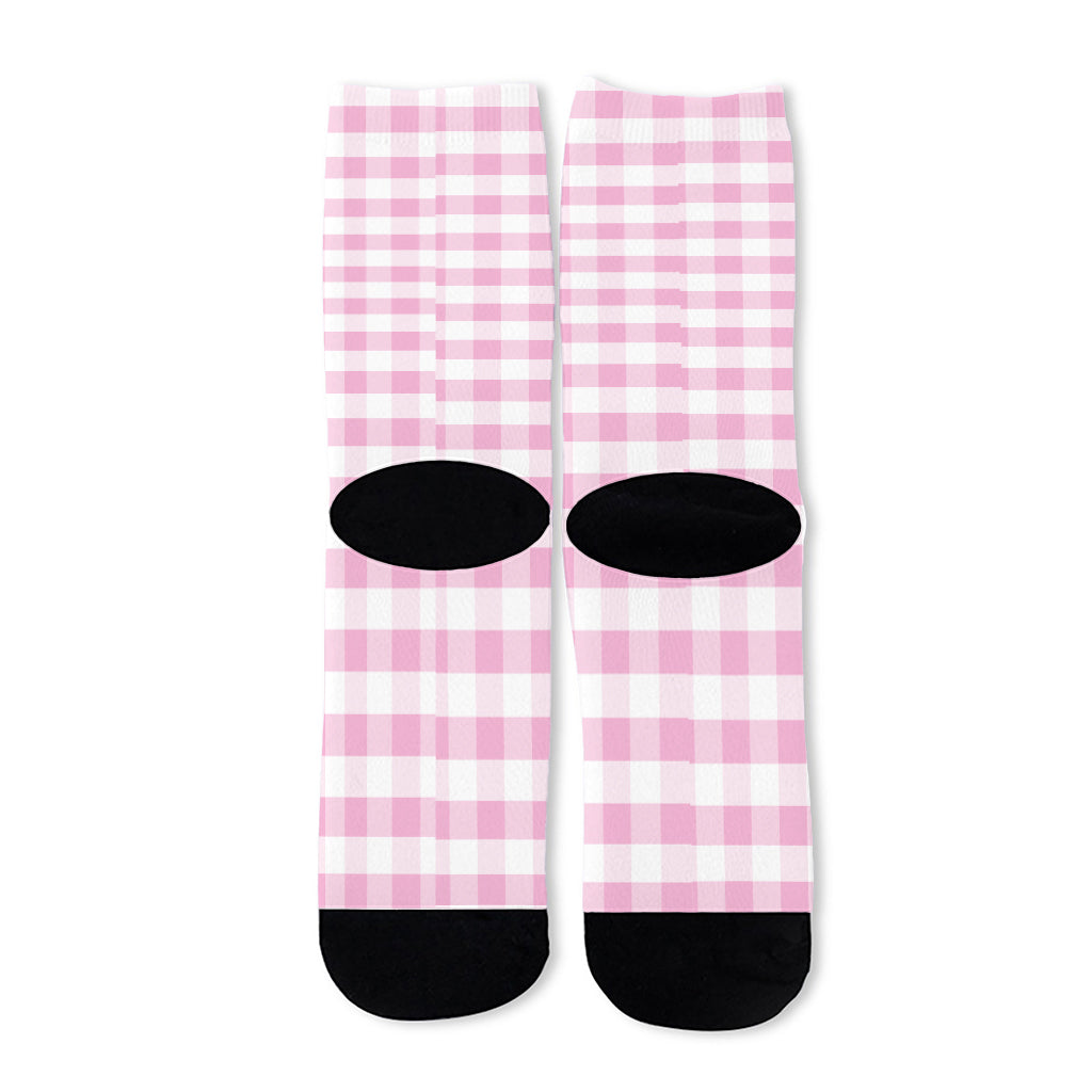 Pink And White Gingham Pattern Print Long Socks