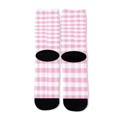 Pink And White Gingham Pattern Print Long Socks