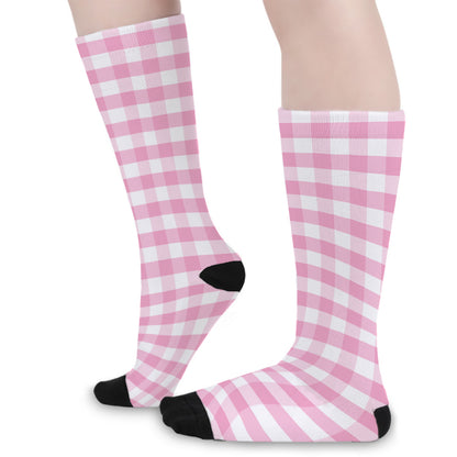 Pink And White Gingham Pattern Print Long Socks