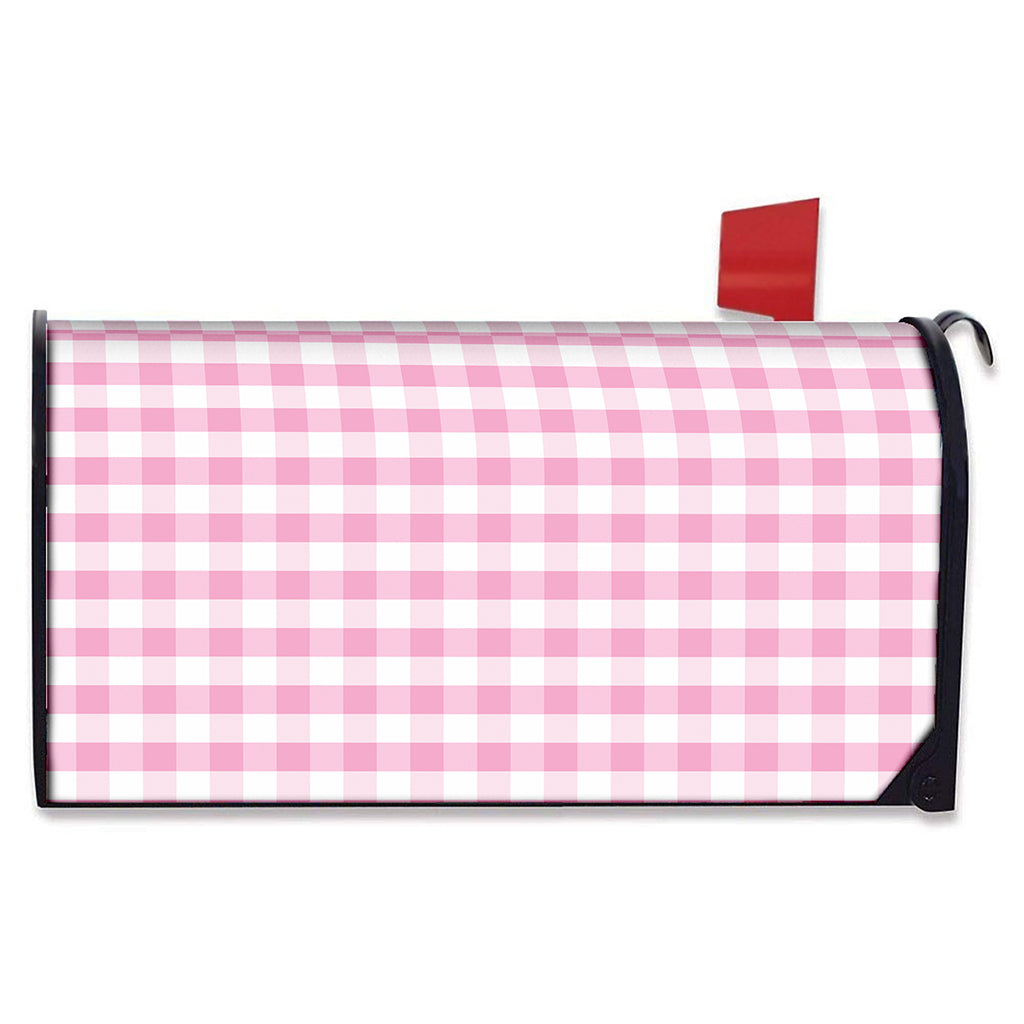 Pink And White Gingham Pattern Print Mailbox Cover