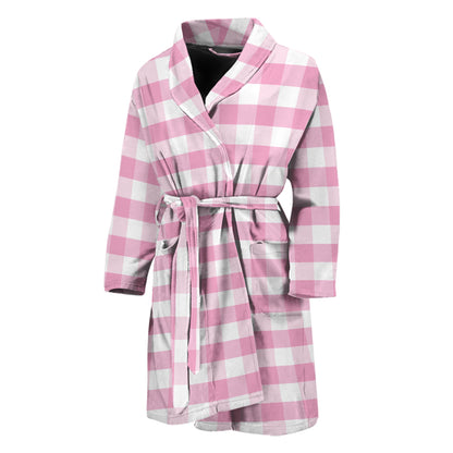 Pink And White Gingham Pattern Print Men's Bathrobe