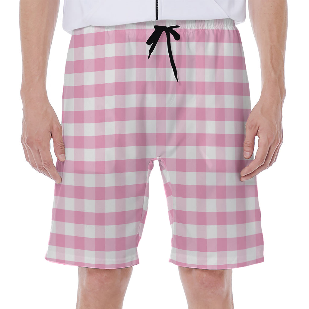 Pink And White Gingham Pattern Print Men's Beach Shorts