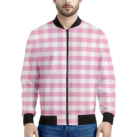 Pink And White Gingham Pattern Print Men's Bomber Jacket