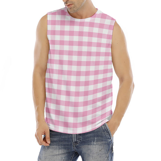 Pink And White Gingham Pattern Print Men's Fitness Tank Top