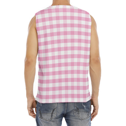 Pink And White Gingham Pattern Print Men's Fitness Tank Top