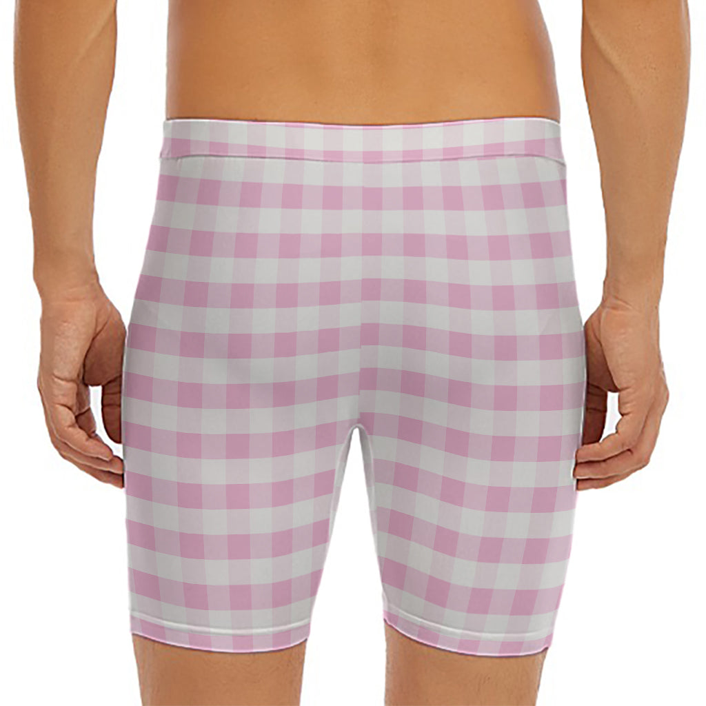 Pink And White Gingham Pattern Print Men's Long Boxer Briefs