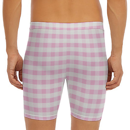 Pink And White Gingham Pattern Print Men's Long Boxer Briefs