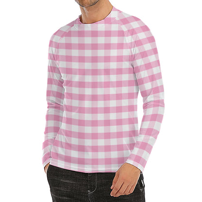 Pink And White Gingham Pattern Print Men's Long Sleeve Rash Guard
