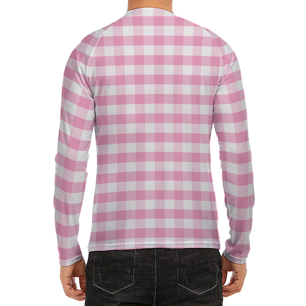 Pink And White Gingham Pattern Print Men's Long Sleeve Rash Guard