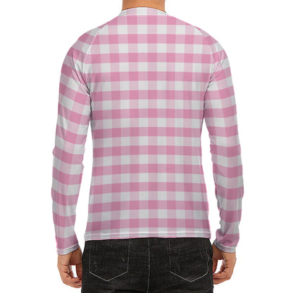 Pink And White Gingham Pattern Print Men's Long Sleeve Rash Guard
