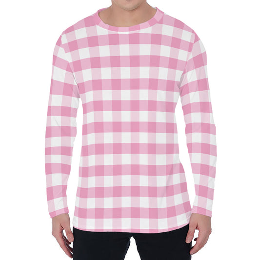 Pink And White Gingham Pattern Print Men's Long Sleeve T-Shirt