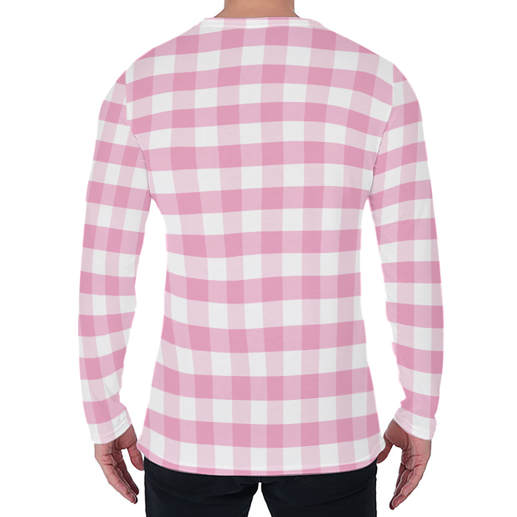 Pink And White Gingham Pattern Print Men's Long Sleeve T-Shirt