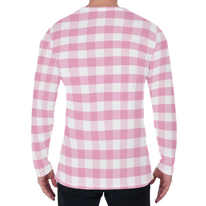 Pink And White Gingham Pattern Print Men's Long Sleeve T-Shirt