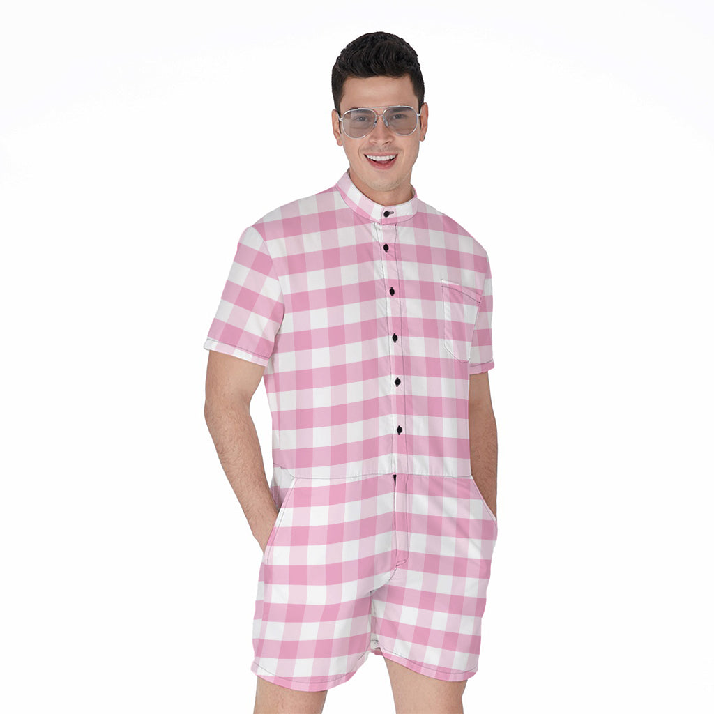 Pink And White Gingham Pattern Print Men's Rompers