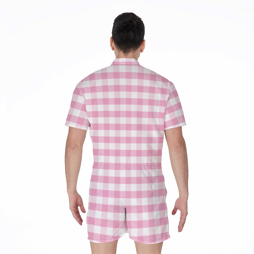 Pink And White Gingham Pattern Print Men's Rompers