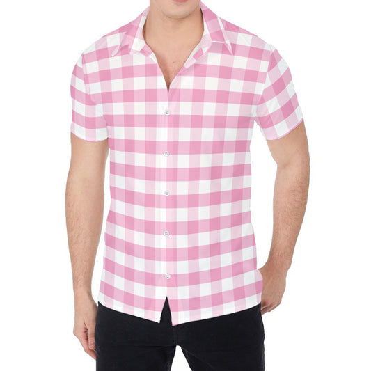 Pink And White Gingham Pattern Print Men's Shirt