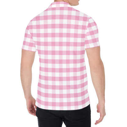 Pink And White Gingham Pattern Print Men's Shirt