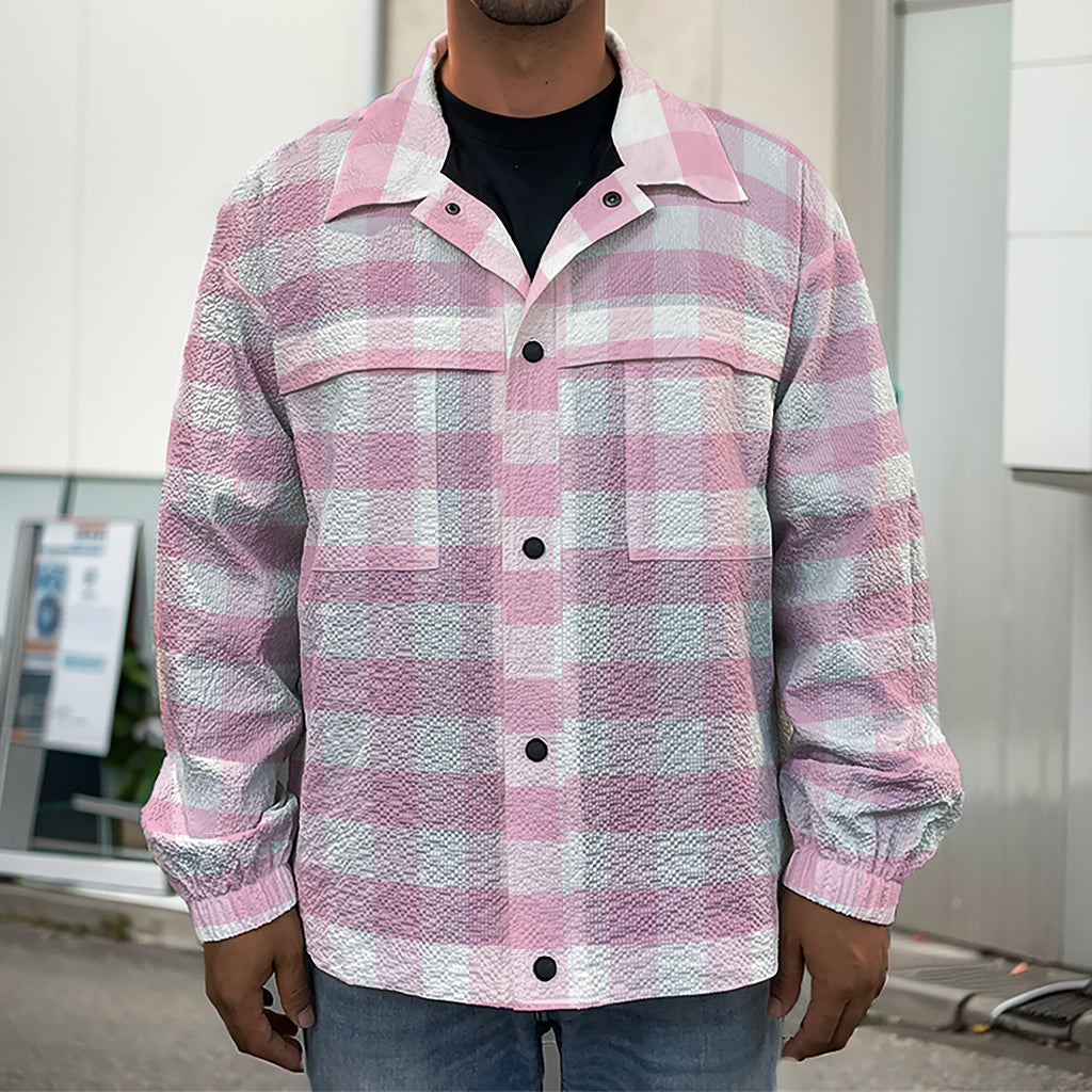 Pink And White Gingham Pattern Print Men's Shirt Jacket