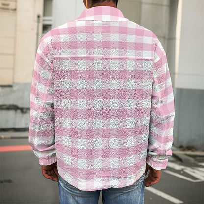 Pink And White Gingham Pattern Print Men's Shirt Jacket