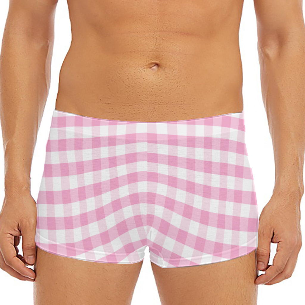 Pink And White Gingham Pattern Print Men's Short Boxer Briefs