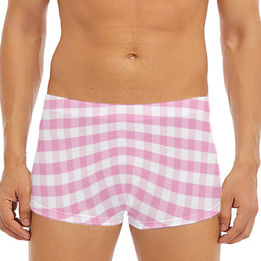 Pink And White Gingham Pattern Print Men's Short Boxer Briefs