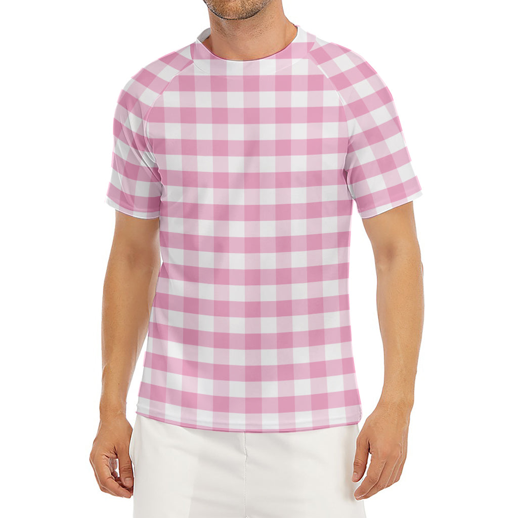 Pink And White Gingham Pattern Print Men's Short Sleeve Rash Guard
