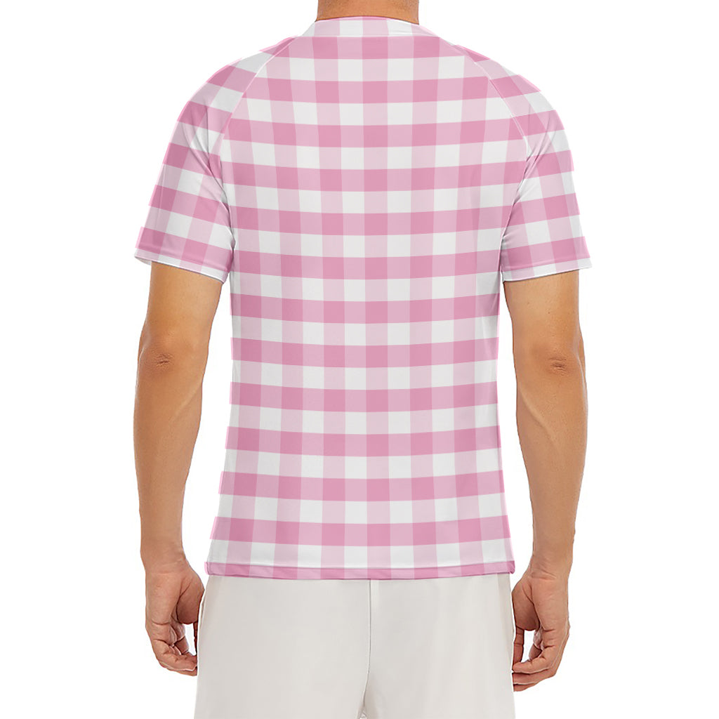Pink And White Gingham Pattern Print Men's Short Sleeve Rash Guard