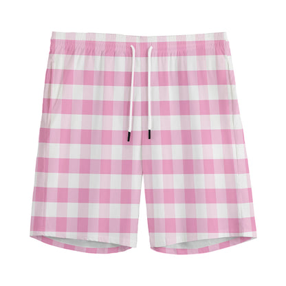 Pink And White Gingham Pattern Print Men's Sports Shorts