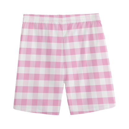 Pink And White Gingham Pattern Print Men's Sports Shorts